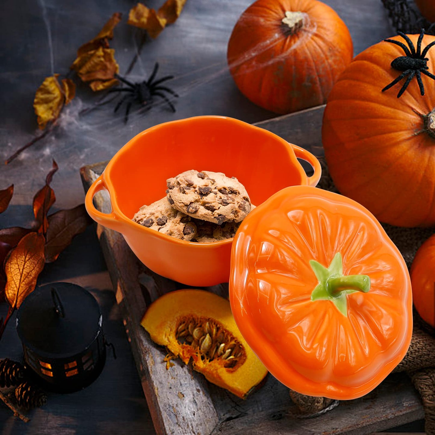 MDEOOSKY 400ml/13oz Pumpkin Shaped Ceramic Bowl with Lid & Handle, Covered Dessert Bowl, Serving Bowl for Fruit, Salad, Snack, Soup, Stylish Home Kitchen Tableware, Gift Idea