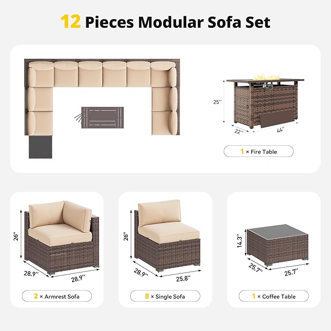 Aoxun Patio Furniture Set with Fire Pit Table, 12 Piece Outdoor Sectional Sofas
