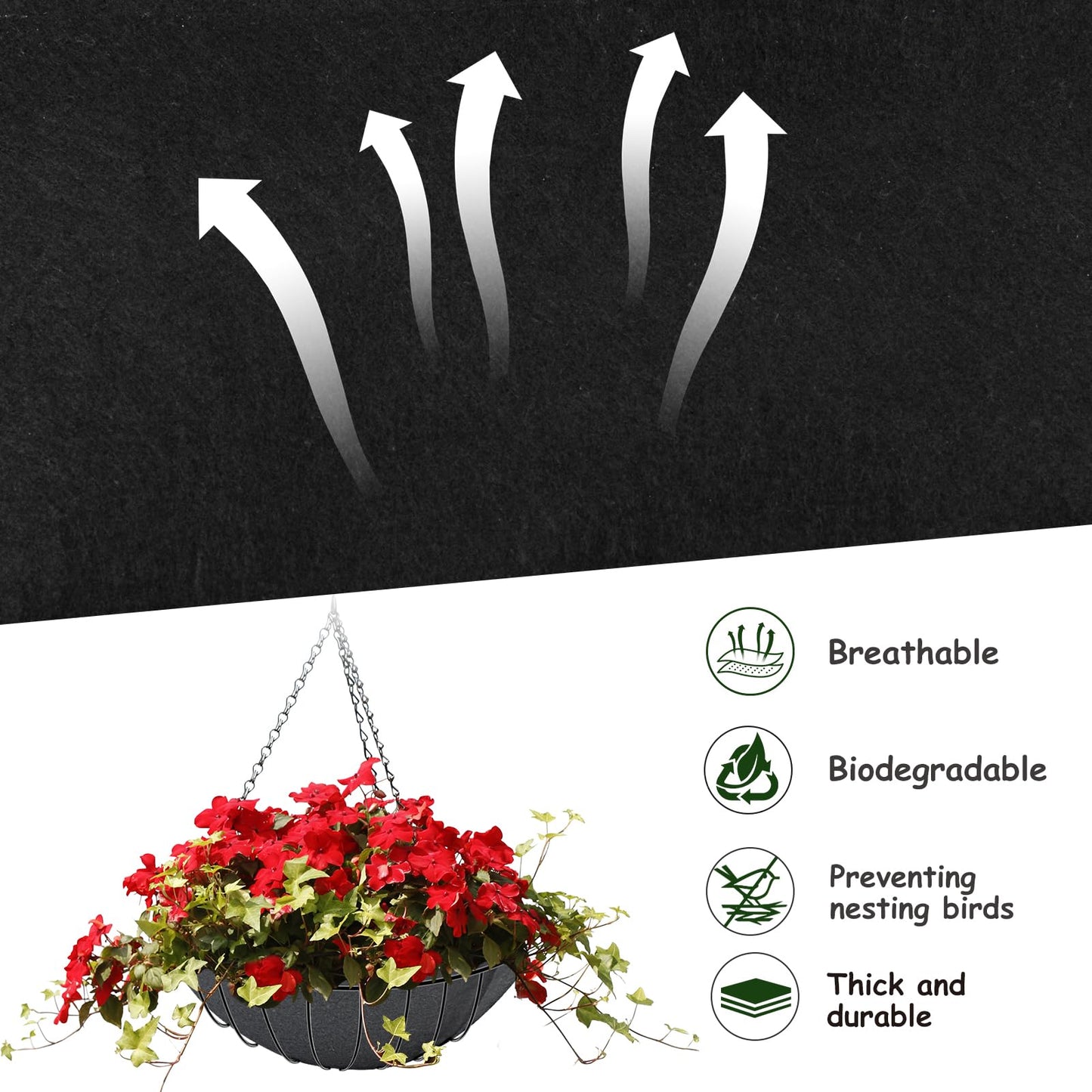12x120 Inch Fabric Planter Liner Roll Non Woven Plant Felt Liner Roll Black Coco Liners Roll Alternative Coconut Basket Liner Roll Replacement Easy to Cut for Planter Hanging Flower Basket Window Box
