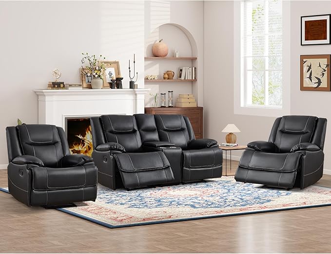 ANJ Premium Genuine Manual Reclining Sofa Set, Included Recliner Chair Set of 2