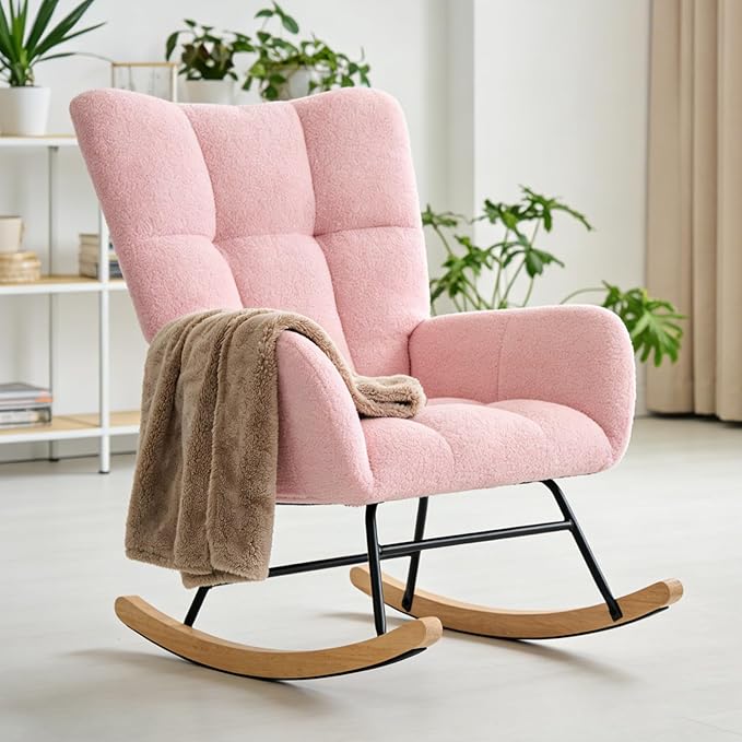 DUMOS Nursery Rocking Chair Teddy Upholstered, Comfy Glider Rocker
