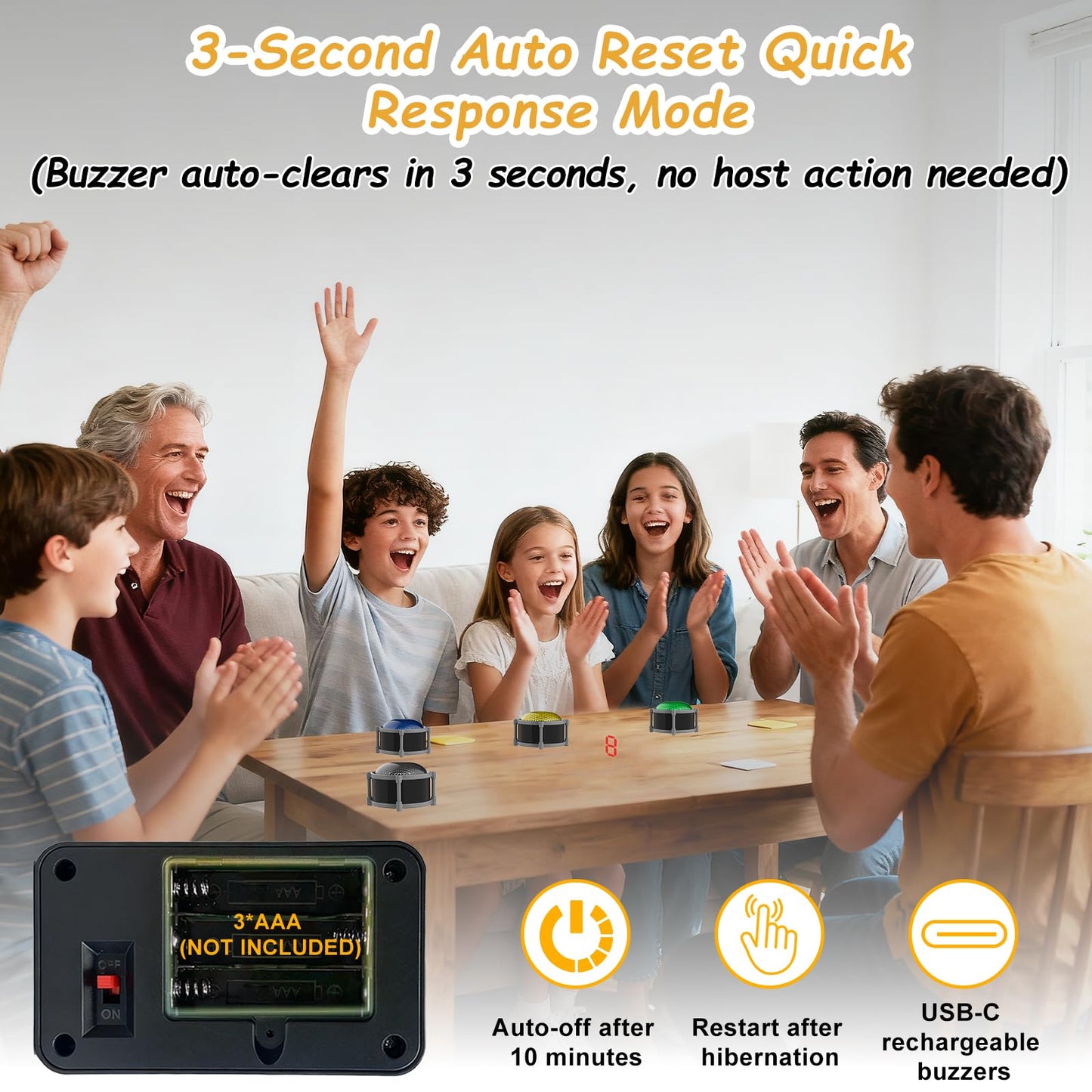 Buzzers for Trivia Games, Rechargeable Answer Buzzers for Classroom with Light, Show Who Buzzed First, 3-Second Auto Reset Buzzer System for Game Show, School, Jeopardy, Family Feud Night (8 Colors)