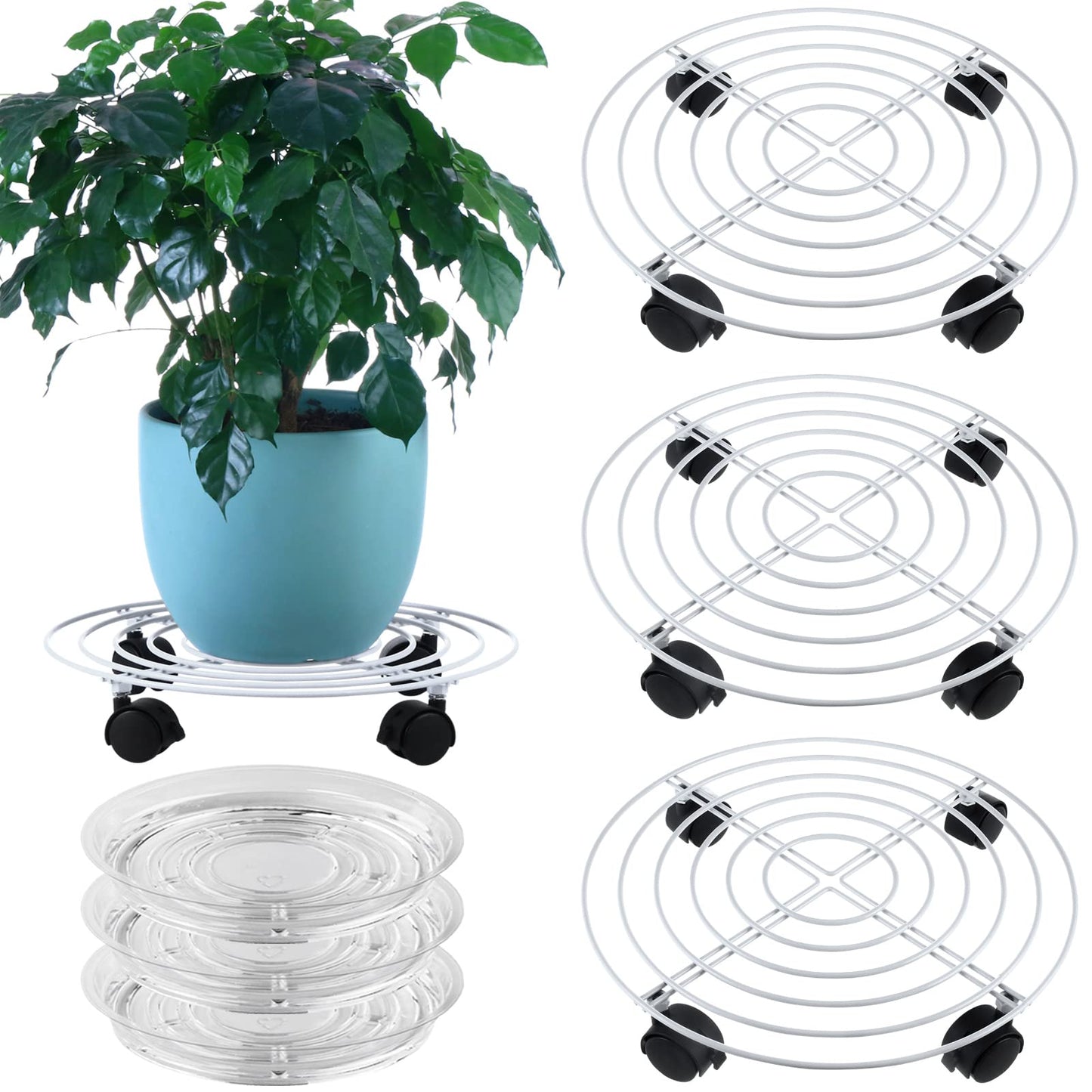 Planterhoma 3 Packs Large Metal Plant Caddy 13.8 Inches Plant Dolly with Wheels Heavy Duty Iron Rolling Plant Stand with Casters for Indoor and Outdoor Plant Pot Rollers White, 3-pack Plant Saucers