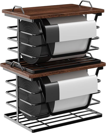 2 Pack Stackable Trash Bag Holders with Wood Top, Large & Small Garbage Bag Dispenser for Kitchen, Pantry, Laundry Room Organization, Wall Mount or Countertop Use, Black