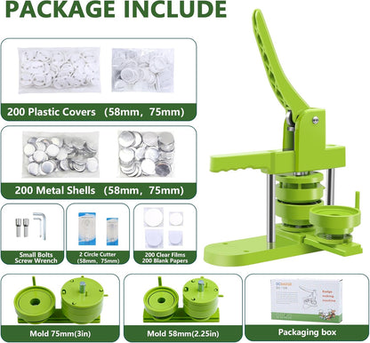 Button Maker Machine Multiple Sizes 200 Pcs，Pin Maker Machine 2.25+3 Inch Badge Maker,DIY Badge Making Kit with Free Button Parts, Circle Cutter