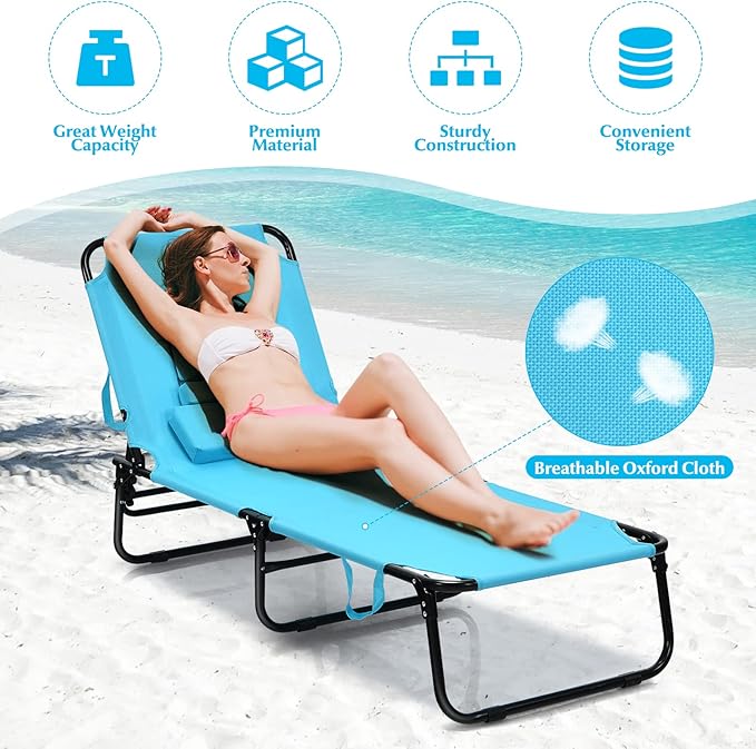 Folding Beach Lounge Chair w/ 5 Adjutable Backrest & Padded Pillow, Sunbathing