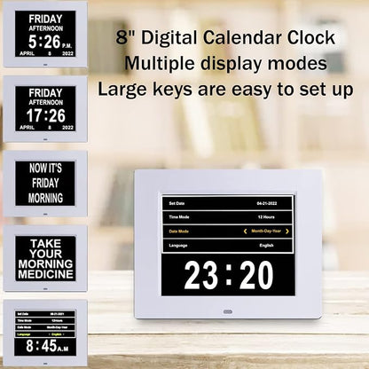 Johnziny 8 Inch Digital Clock Large Display Dementia Clocks with Day and Date for Seniors,8 Alarms Options Digital Clock,Digital Calendar with Large Number and Custom Alarms White