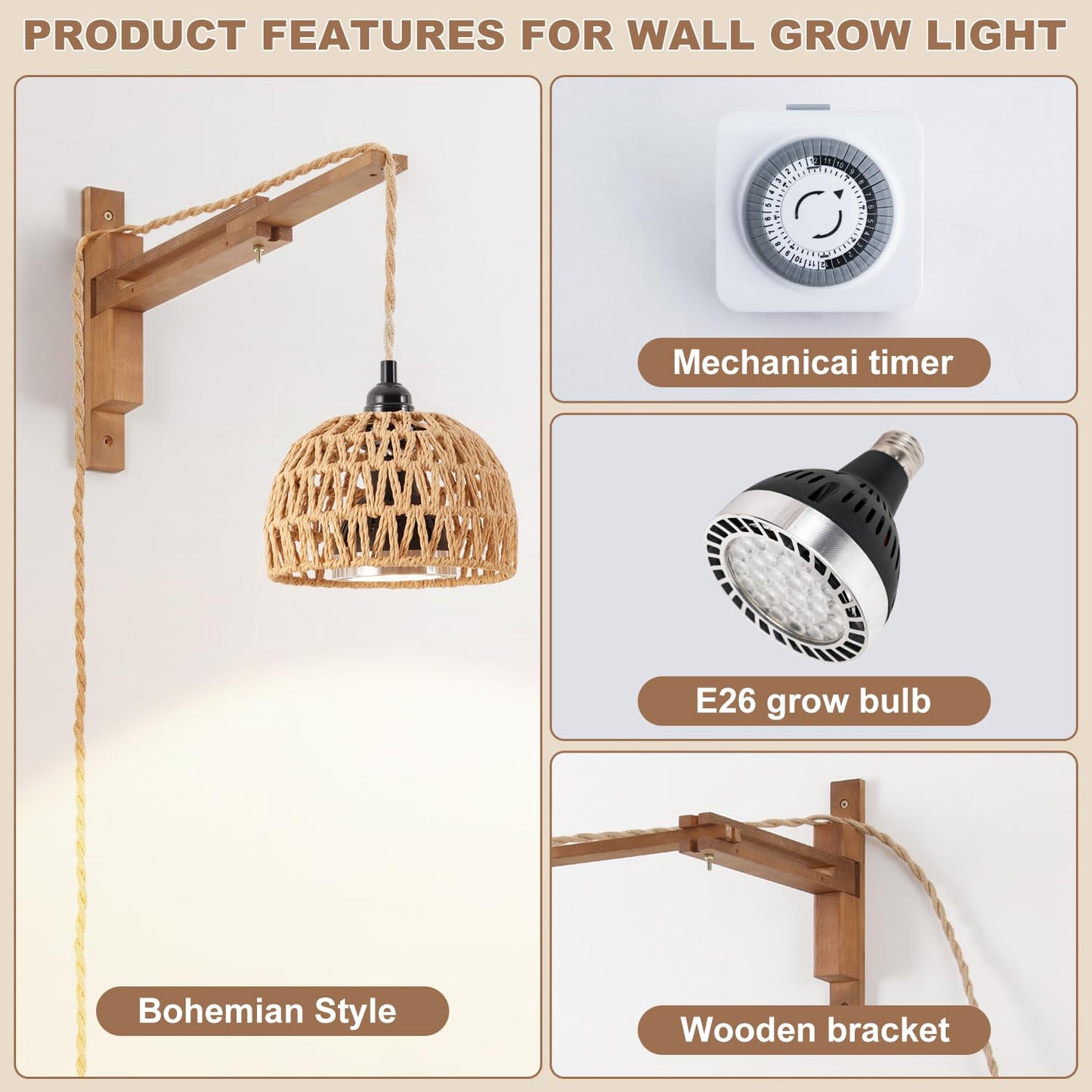 30W 4000K Indoor Plant wall Mounted Growth Light, Bohemian Style wall Mounted Plant Light with Timer, Equipped with a 14 Foot Power Cord, Suitable for Indoor Plant Cultivation and Floral Display