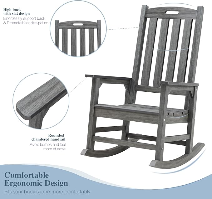 Psilvam Outdoor Rocking Chair, Poly Lumber Oversized Rocking Chair