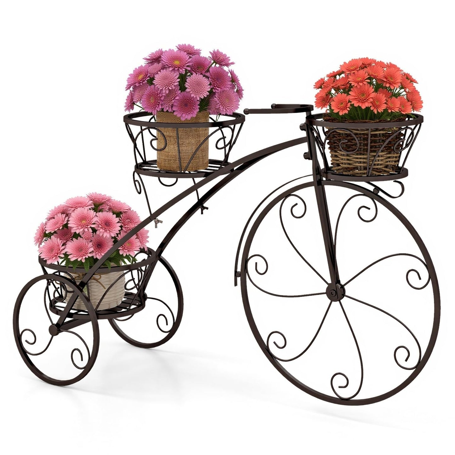 CHEFJOY Metal Bicycle Planter, 3-Tiers Flower Cart Display Stand with 3 Wheels & Iron Baskets, Decorative Cart plant stand for Garden, Patio, Indoor, Outdoor (Bronze)