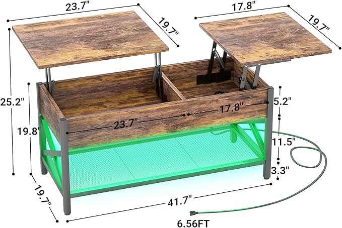 Aheaplus Coffee Table with LED Light and Power Outlet, Modern Lift-Top Center