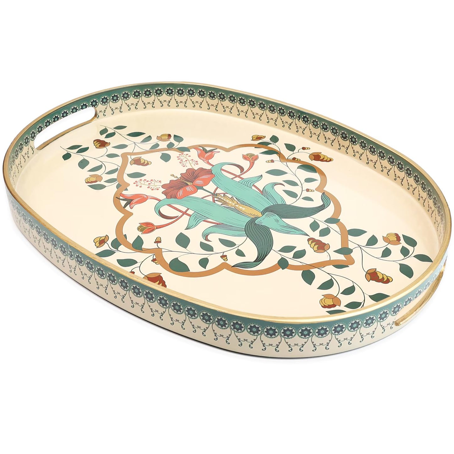 Omuriko Oval Plastic Serving Tray with Handles, Elegant Decorative Tray for Coffee Table, Ottoman, Living Room, Kitchen, Outdoor Use. 10"*16"*1.4" A