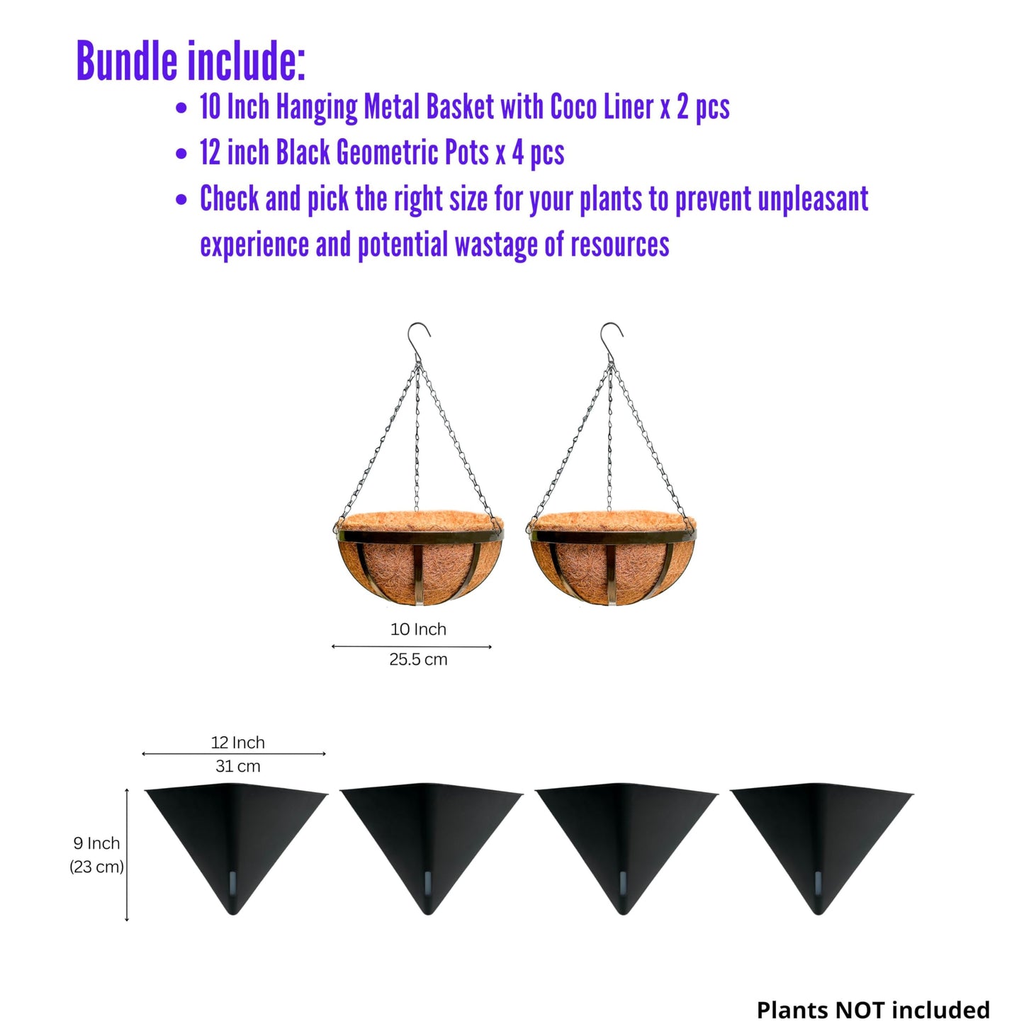 LaLaGreen Bundle- 4 Pack, 12 Inch Black Geometric Self Watering Pot + 2 Pack, 10 Inch Hanging Basket with Coco Liner Flat Metal Iron Balcony Porch Plant Holder Stylish Wall Mounted Flower Vase Vessel