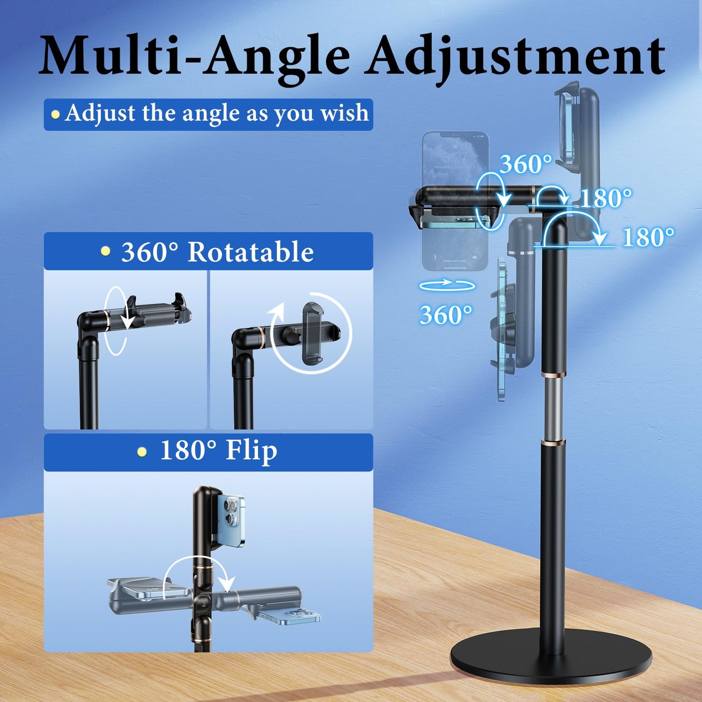 Nauttxon Angle Height Adjustable Phone Holder for Desk [10"-25"] - Retractable Cell Phone Holder for Video Recording Cooking Excising Working Reading -Aluminum iPhone 17 16 15 14 Pro Max Air Stand