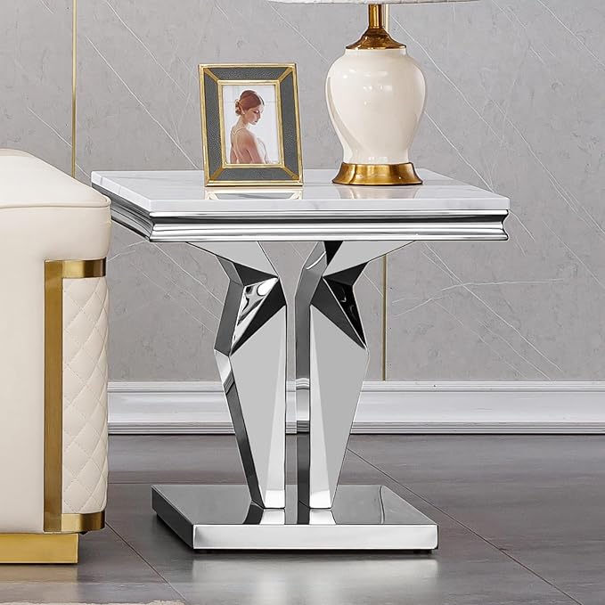 Henf Marble End Table Modern White Faux Marble Sofa Side Table