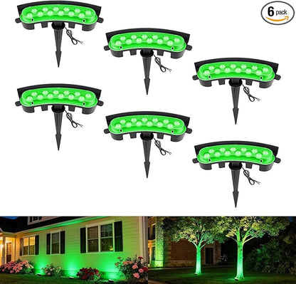 Low Voltage Landscape Flood Lights, Green Light 9W 12V Wired Outdoor LED Color Floodlights for Uplighting Palm Tree House Flag Wall Washer, Super Bright, Unique Design, Aluminum, Black, 6Pack