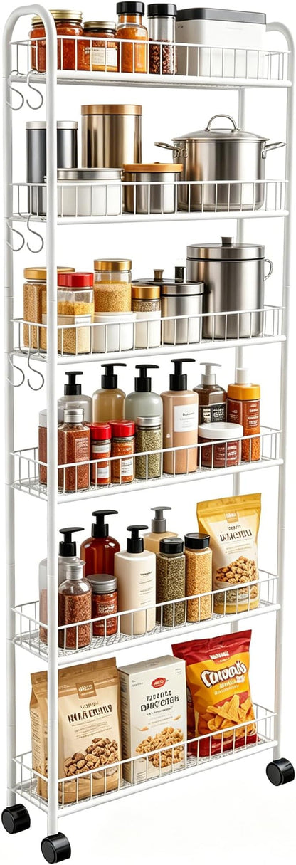 Slim Rolling Storage Cart with Wheels, 6in 6 Tier White | Narrow Space Shelving Unit, Metal Wire Mobile Organizer Rack for Kitchen Bathroom Office Laundry