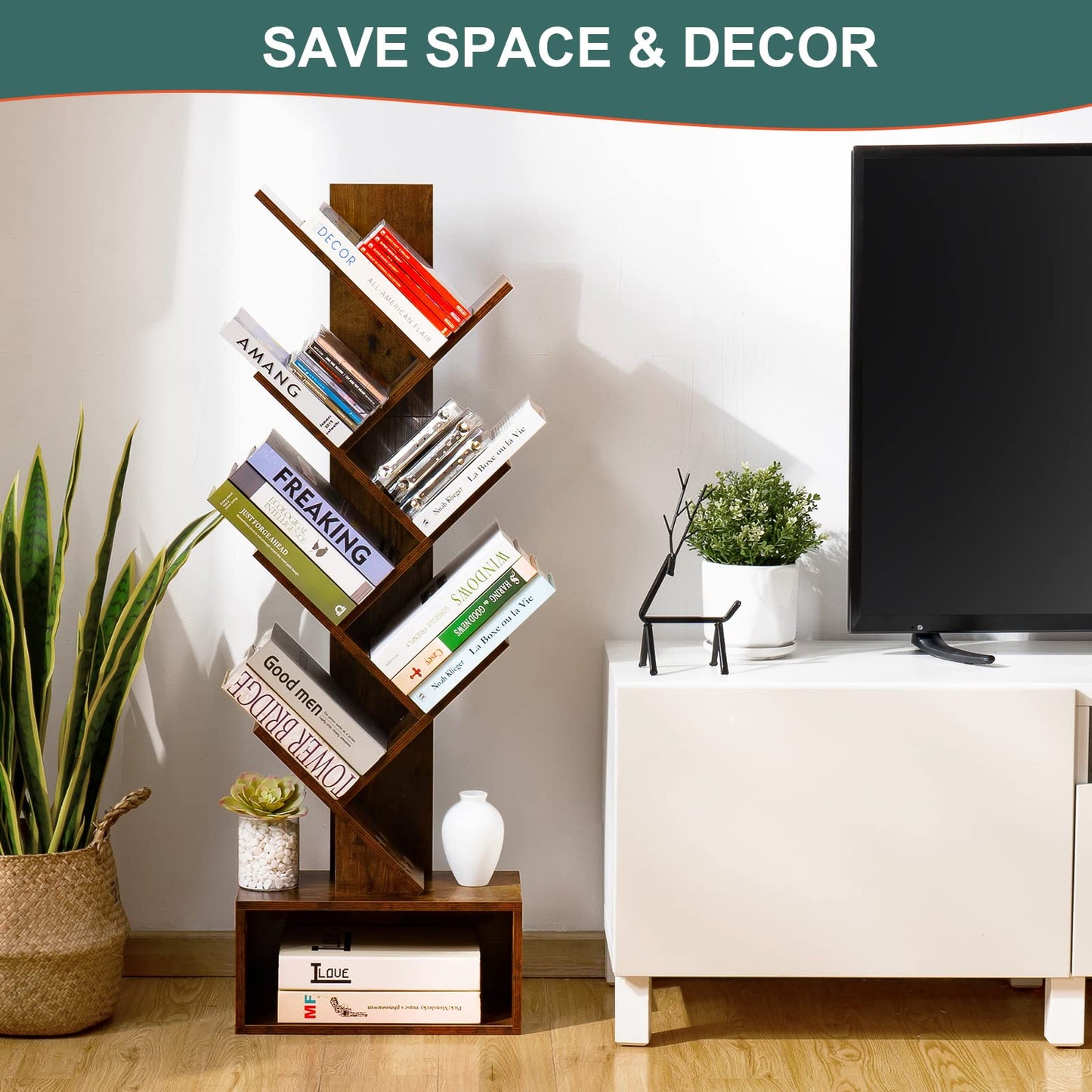 Yoobure Tree Bookshelf - 6 Shelf Retro Floor Standing Bookcase, Tall Wood Book Storage Rack for CDs/Movies/Books, Utility Book Organizer Shelves for Bedroom, Living Room, Home Office, Rustic Brown