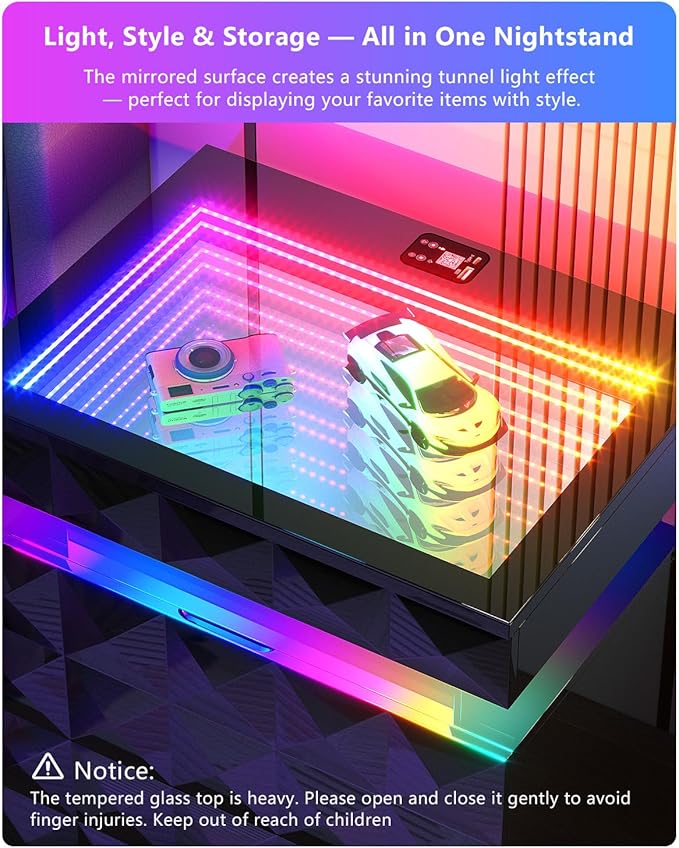 HWB Nightstand with RGB Lights, 3 Drawers Night Stand with Hidden Storage