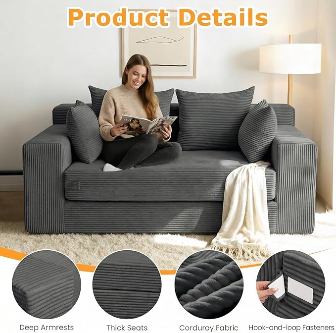 Winzon Boneless Loveseat, 3 in 1 Convertible Sofa Bed Sleeper Sofa Floor Futon
