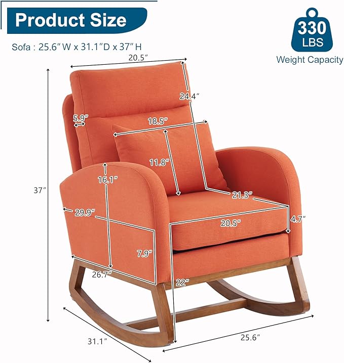 VINGLI Orange Linen Rocking Chair Nursery