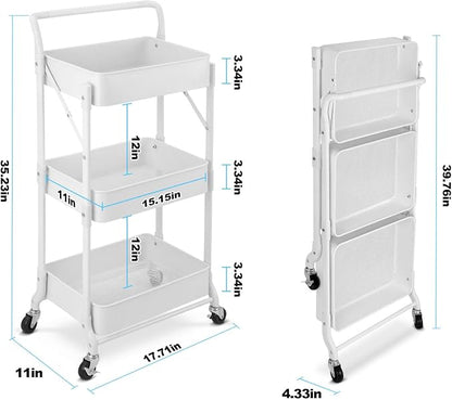 Foldable 3 Tier Metal Utility Rolling Cart, Folding Mobile Multi-Function Storage Trolley Organizer Cart for Home Library Office(White)