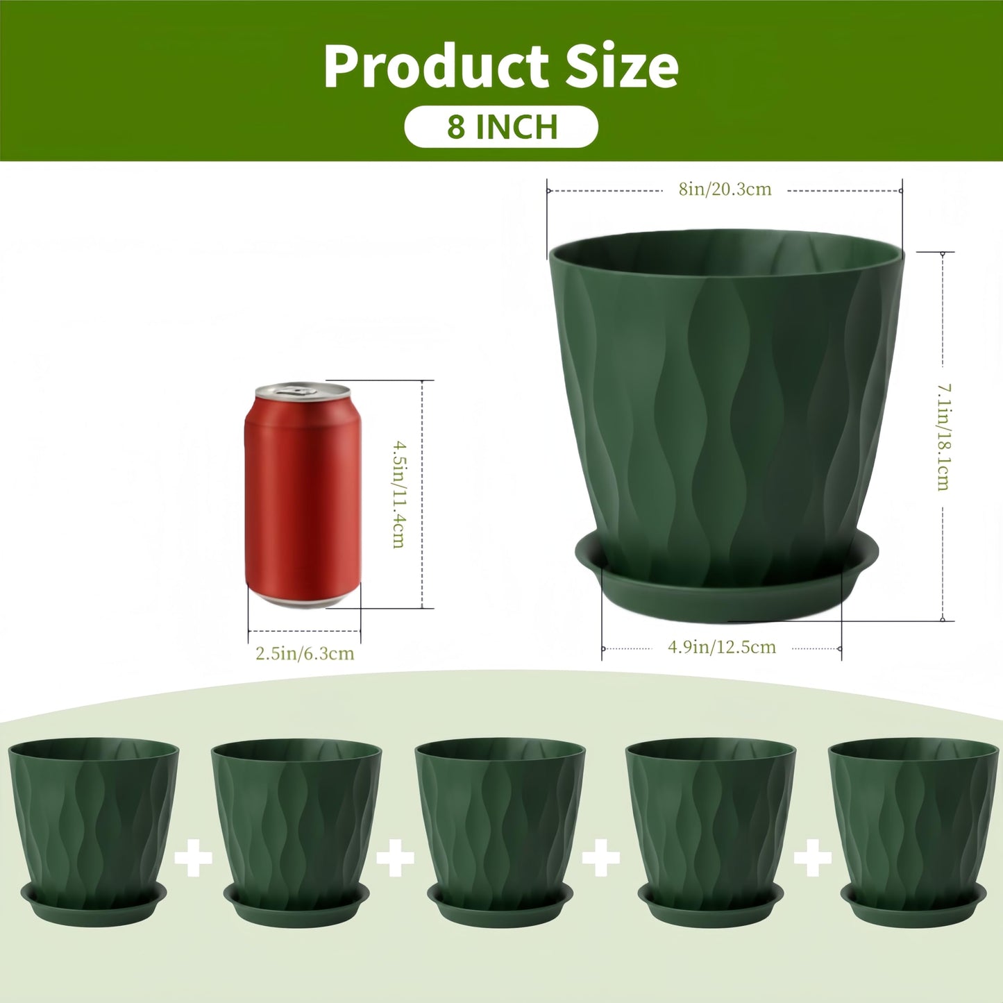 LESOASIS Plant Pots 8 Inch, 6 Pack Plastic Flower Pots for Indoor & Outdoor Plants, Planters with Drainage Holes and Saucer, Garden Pot for Plants (Deep Green)