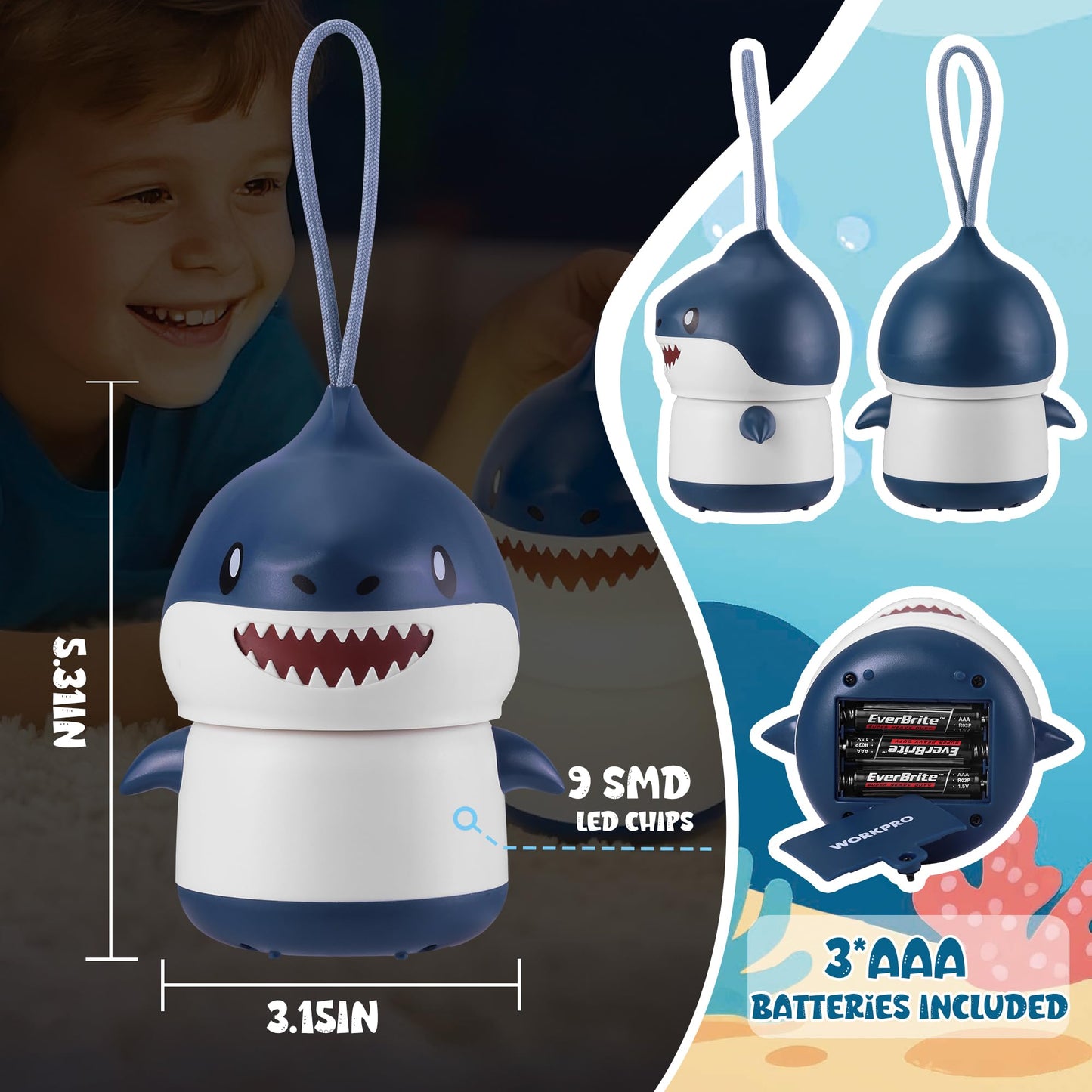 WORKPRO 2-Pack Kids Camping Lanterns with RGB Lights, Battery Powered with Lanyard, Fun Night Light Gifts for Kids - Shark Design