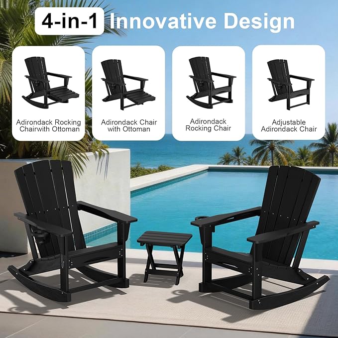 Adirondack Rocking Chair with Retractable Ottoman Set of 2, Outdoor Folding