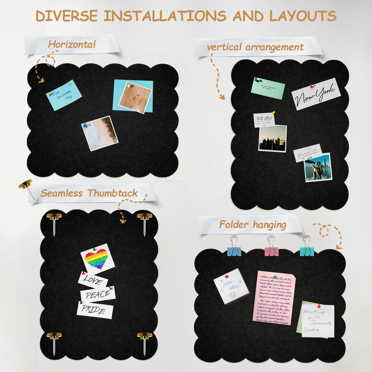 Felt Bulletin Board 24" x 18" Cork Board Alternative,Decorative Felt Pin Board Foldable Cork Boards for Walls Self-Adhesive Cork Board for Home Office Classroom Pin Board (Black)
