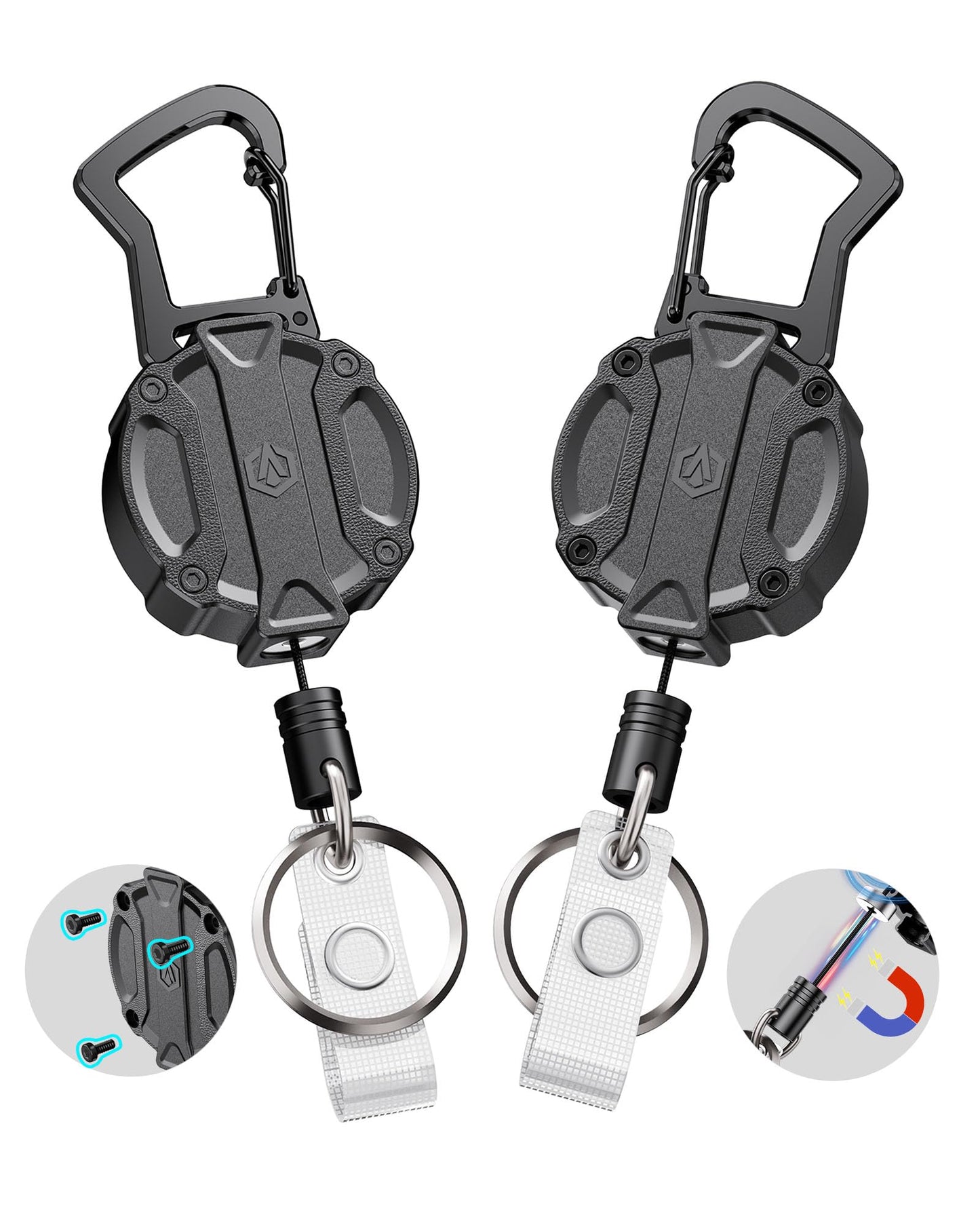 Autonomier 2Pack Heavy Duty Retractable Keychain, Unbreakable Embedded Body with 30.5" Dyneema Cord, Tactical ID Badge Holder Reel Carabiner Clip with Secure Magnetic Closure for Men, Holds 25oz