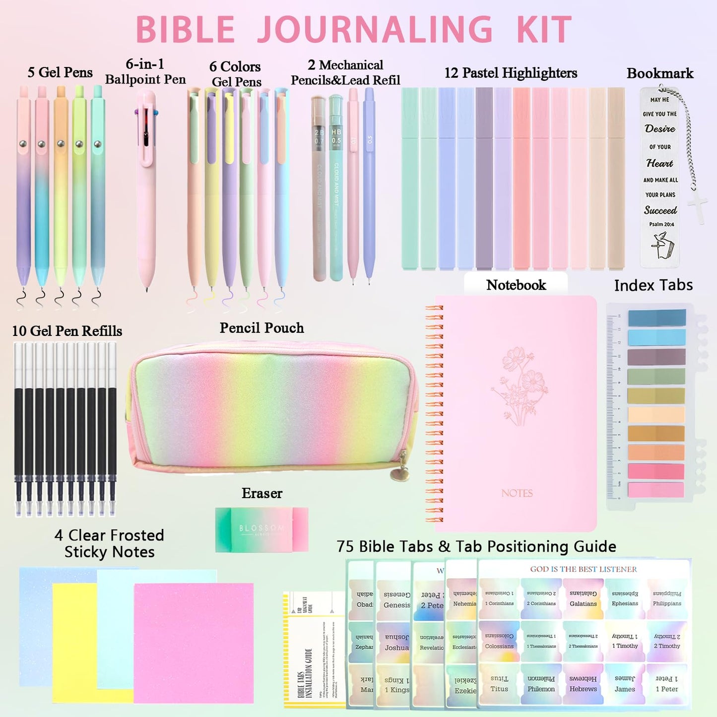 52Pcs Aesthetic Bible Study Supplies,Bible Journaling Kit Note Taking Sets for Women, with Large Rainbow Pencil Pouch, Journal Notebook,No Bleed Highlighters and Pens,Sticky Notes, (Multicolor)
