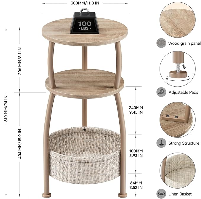 Small Side Table with Storage Basket, Space Saving Round End Table 3-Tier