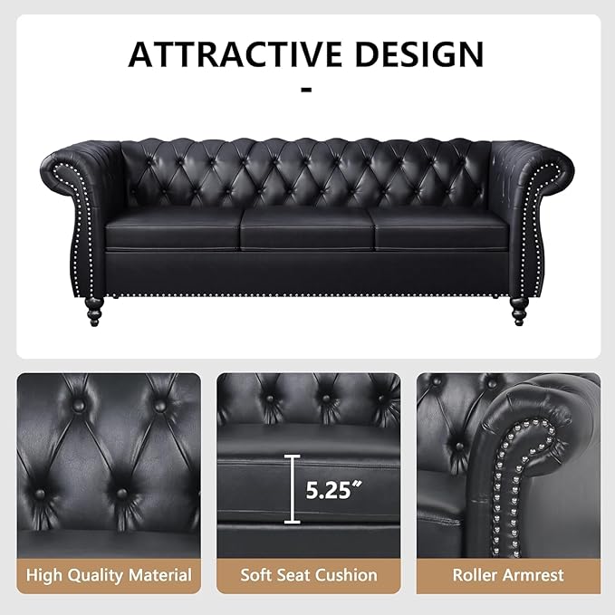 Mid-Century 3 Seater Sofa, Faux Leather Couch