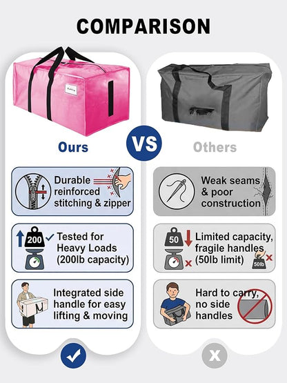 HOMESURE Supports 200lbs Heavy Duty Moving Bags - Strong Zipper & Wrap-Around Handles - Water-Resistant Storage Totes, Durable Alternative to Moving Boxes - 12 Pack - Pink