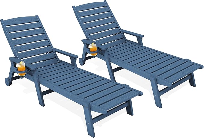 KINGYES HDPE Lounge Chair Outdoor Set of 2, Patio Chaise Lounge Recliner