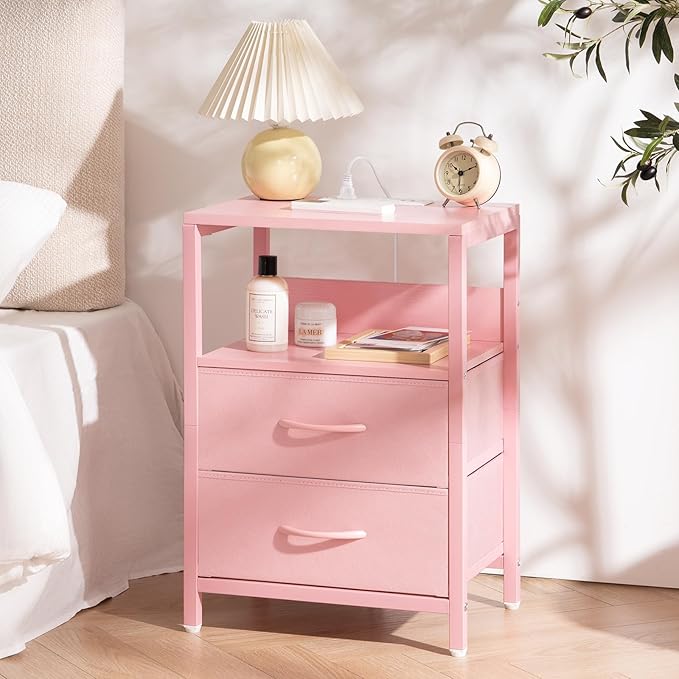 Yoobure Nightstand with Charging Station, LED Night Stand with Fabric Drawers