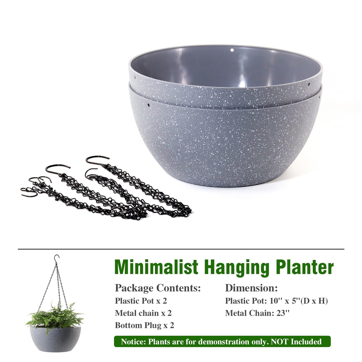 WSMKSZ 10 inch Hanging Planters for Outdoor Indoor Plants with Drainage Holes and Chain, 2 Pack Round Hanging Flower Plant Pots for Garden Home Porch Decor, Speckled Grey