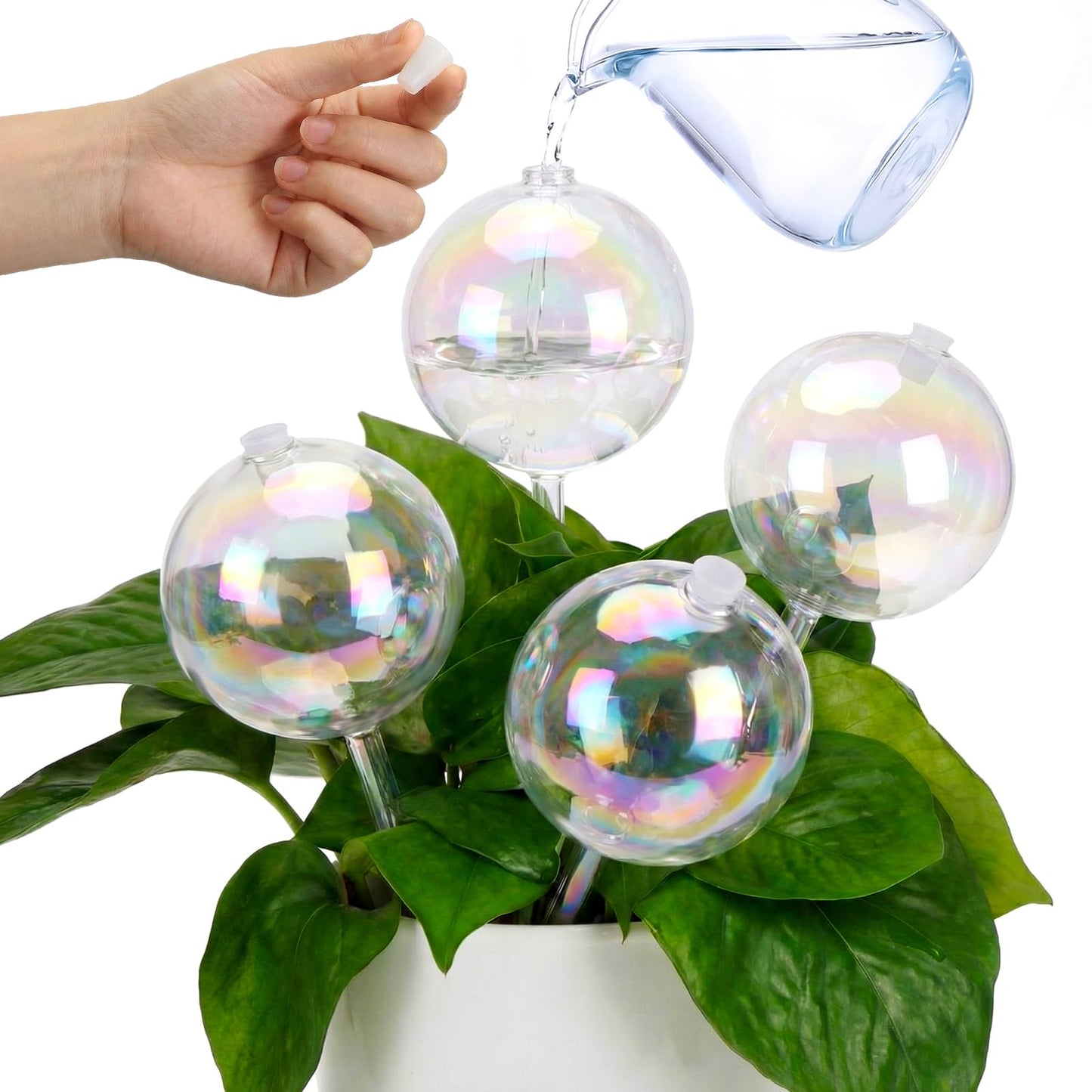 Chumia 4 Pcs 23 oz Glass Plant Self Watering Globes Large Iridescent Plant Watering Devices Vacation Self Water Globes for Indoor Outdoor Potted Water Devices