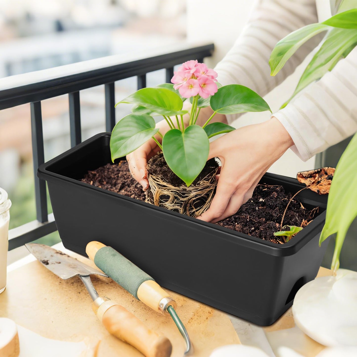 CADUKE 6 PCS Railing Planter Boxes, Black Planter Boxes with Adjustable Bracket, 17 Inch Deck Rail Planters for Outdoor Plants, Flower Pots for Balcony Garden Decor