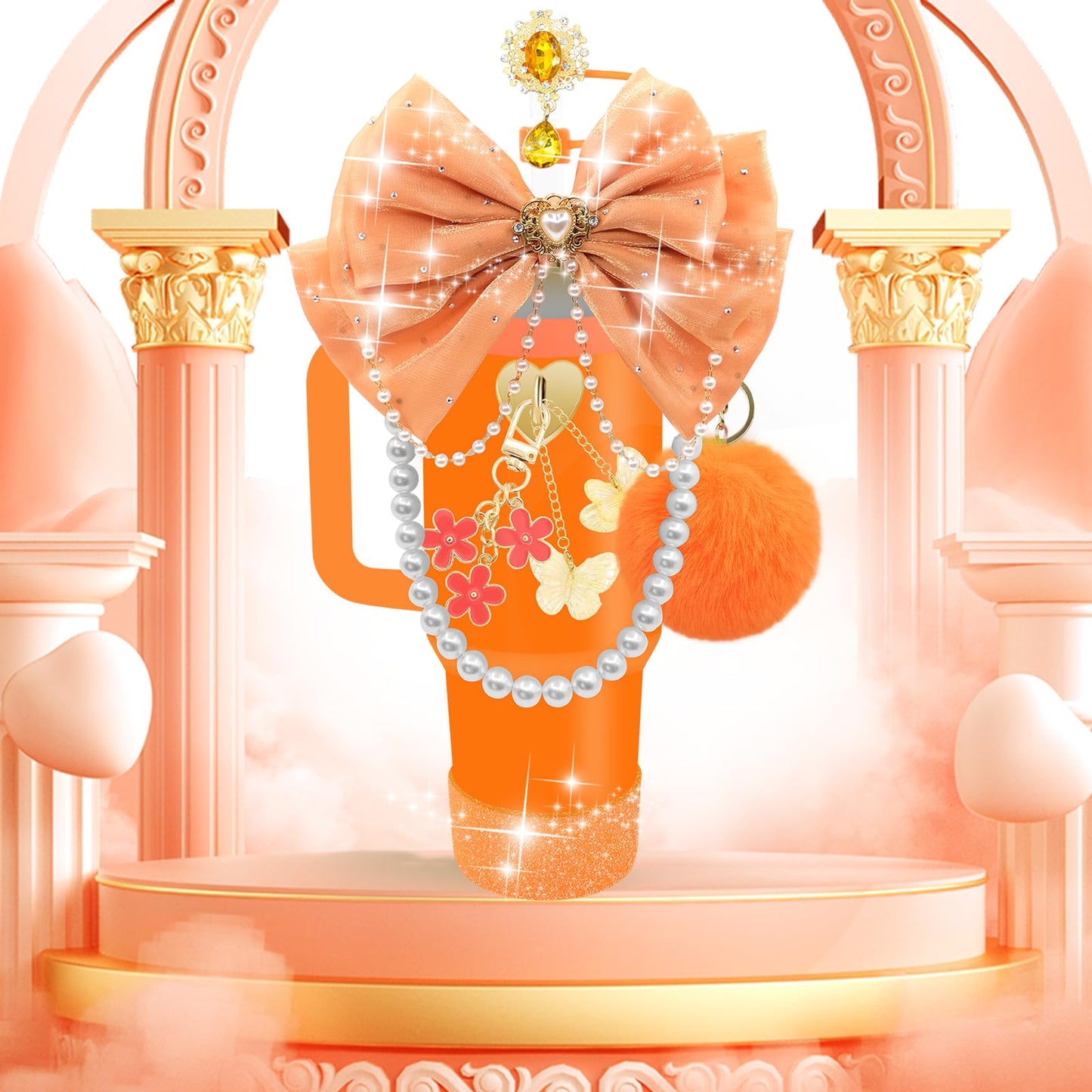 LBU Bling Stanley Cup Accessories for 40/30/20 oz Tumbler with Handle Including Orange Glitter Bow Straw Topper, Heart Straw Cover, Pearl Water Bottle Handle Strap, Boot, Pom-Pom, Keychain Charms