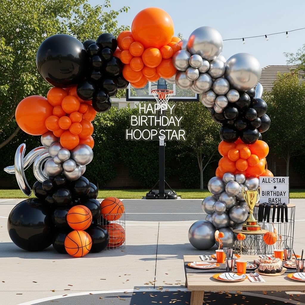 133pcs Orange Black Silver Balloons Garland for Halloween Decorations, Graduation, Basketball Theme Decorations, Party Backdrop, Birthday, Haunted House, Trick or Treat Party Supplies