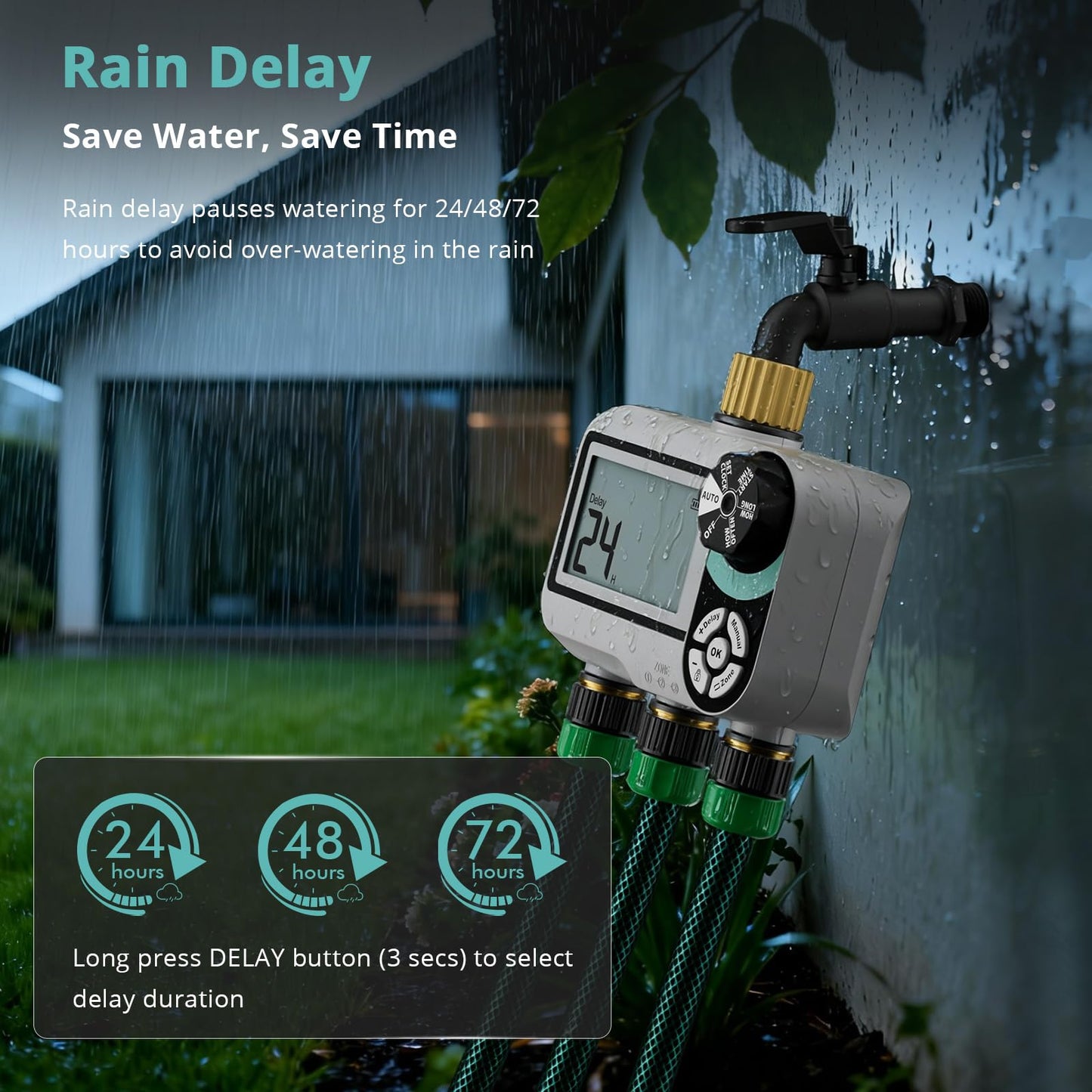 QUOBAS Brass Sprinkler Timer for Garden Hose, Programmable Water Timer for Hose Faucet with Child Lock, Rain Delay/Auto/Manual 3 Modes, Large Waterproof Screen, 3 Zone Independent Watering