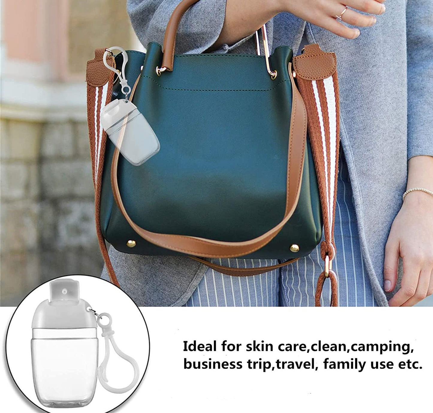 Healthcom 10 Pcs 1Oz 30ml Clear Empty Bottles Hand Sanitizer Travel Holder Hook Keychain Carriers White Flip Cap Reusable Portable Empty Bottle Refillable Cosmetic Container for Liquid Lotions Creams
