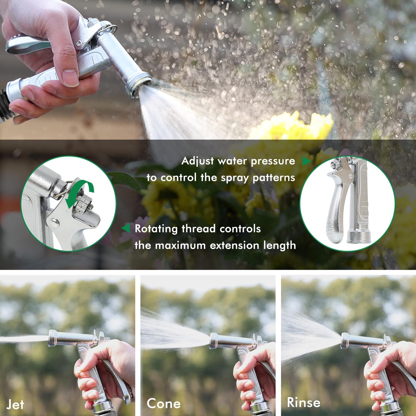 RESTMO 100% Metal Garden Hose Nozzle, 5X Lifespan Rust-Proof Chrome Plated, Heavy Duty Zinc Alloy Pistol Grip with Threaded Front, High Pressure Hose Sprayer Nozzle for Car Washing, Plant Watering