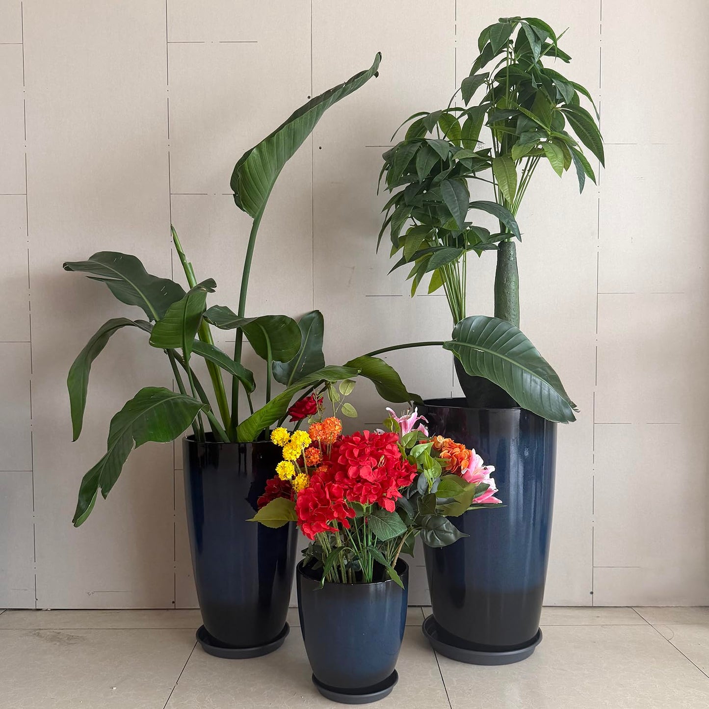 MinCHI257 24/21/11 Inch Tall Planter Pots Garden Plastic Planters - Set of 3 for Indoor & Outdoor Use - Decorative Lightweight Flower Pots