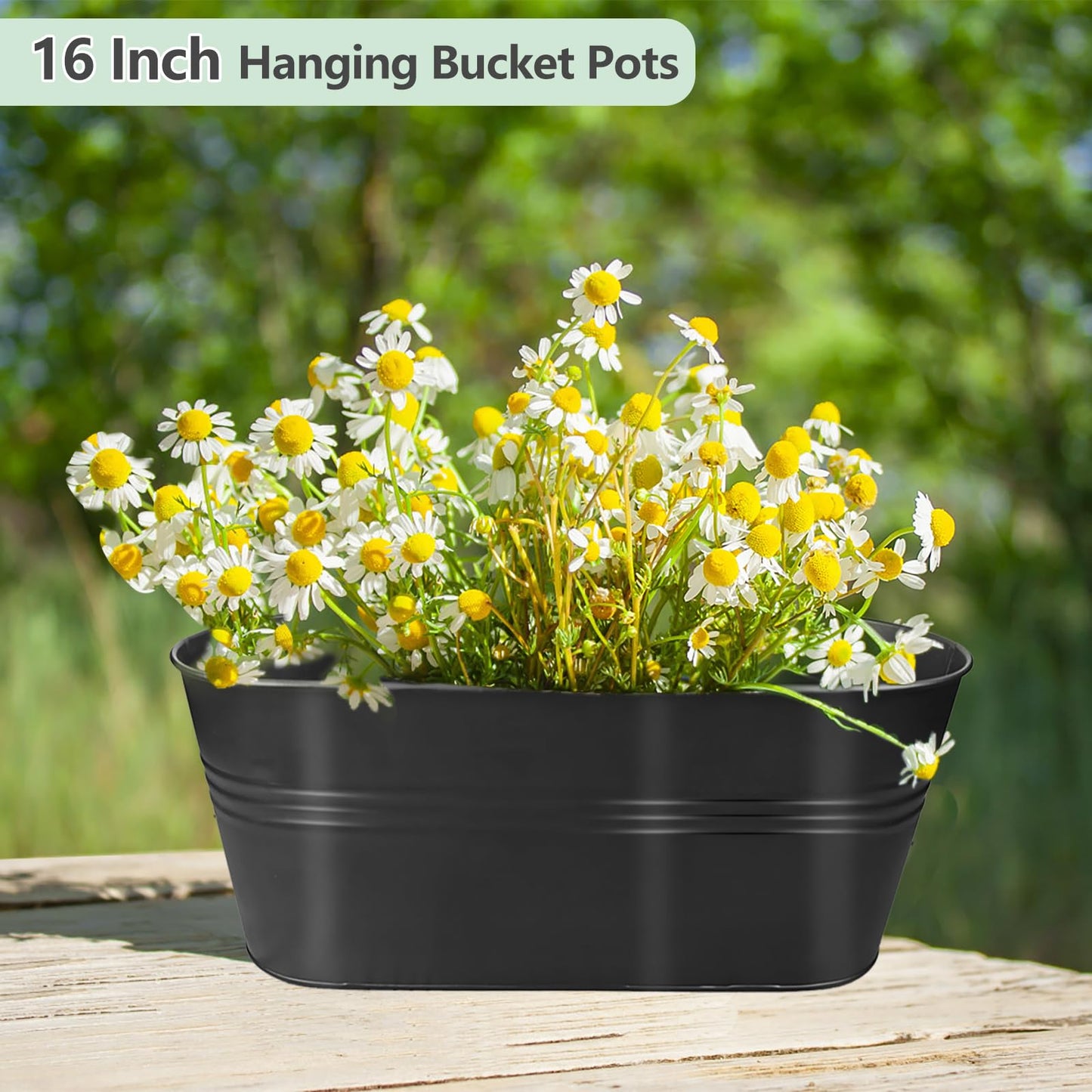 Venyat 16 Inch 4 PCS Metal Hanging Flower Pots for Railing Fence, Large Railing Planters for Outdoor Plants, Fence Hanging Planters with Detachable Hooks for Garden Balcony