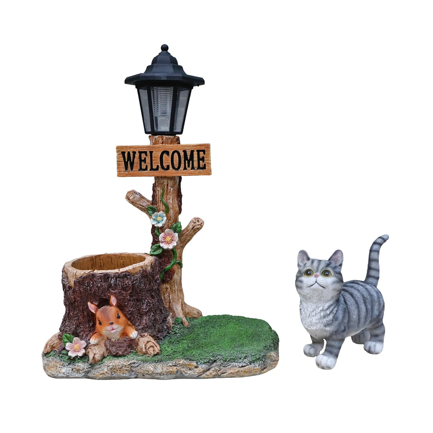 UNOIRNM Cat and Squirrel Garden Statue - with Solar Lantern and Tree Stump Planter, 18.5" Resin Gray Tabby Figurine for Outdoor Patio Decor, 9.3 lbs Animal Sculpture, 14.2" Wide Welcome Ornament