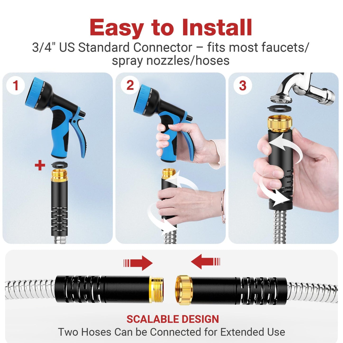 Lefree 50ft Metal Garden Hose - Heavy Duty 304 Stainless Steel Flexible Water Hose, No Kinks & Leak-Proof with Upgraded Handle, 10-Function Spray Nozzle for Balcony, Patio, Small Yard, Car Wash
