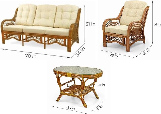 Malibu Lounge Set of 4: 2 Natural Rattan Wicker Chairs, Three-Seater Sofa